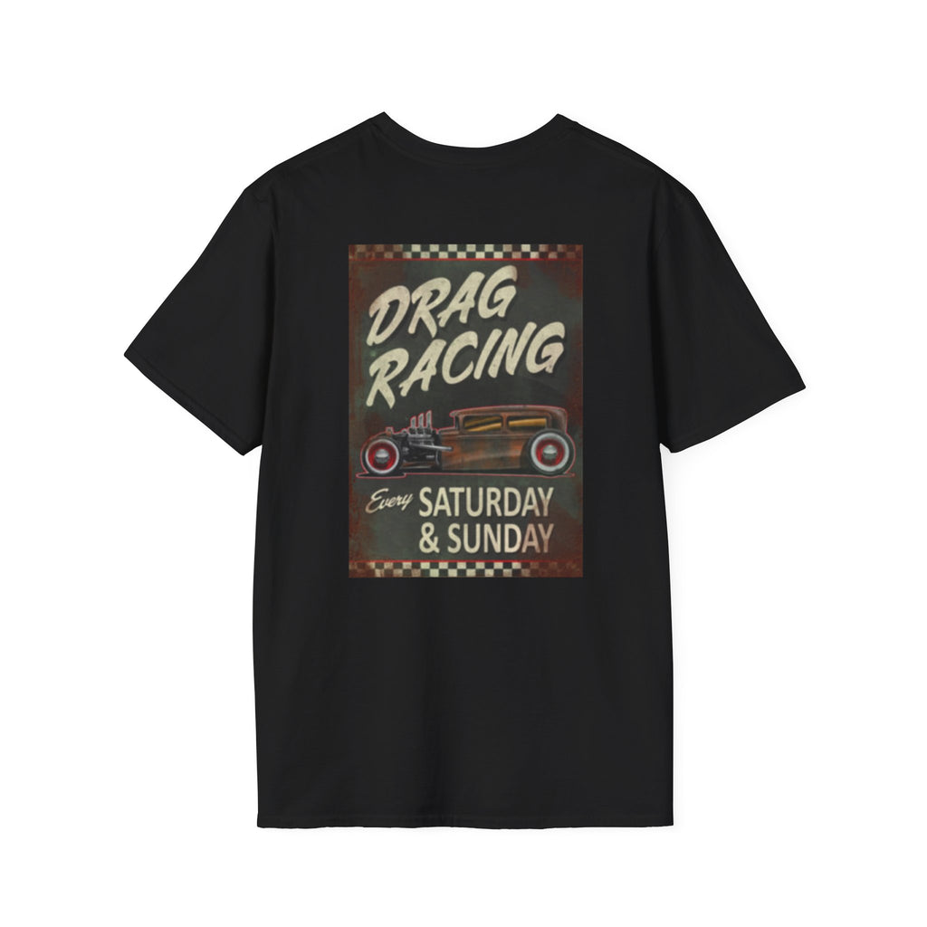 Drag Racing T-Shirt — Vintage Hot Rod Poster "Every Saturday & Sunday"