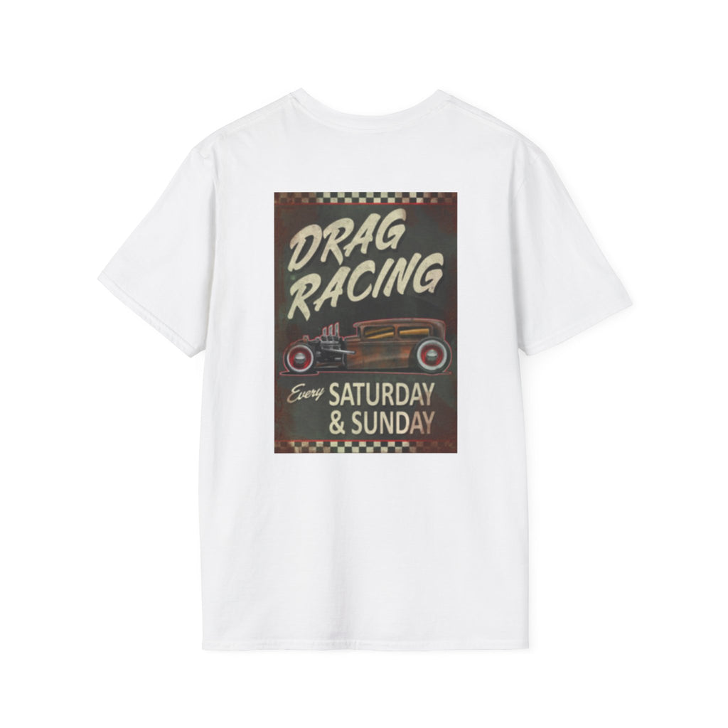 Drag Racing T-Shirt — Vintage Hot Rod Poster "Every Saturday & Sunday"