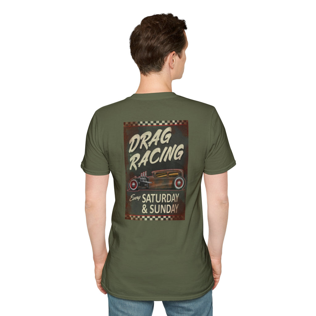 Drag Racing T-Shirt — Vintage Hot Rod Poster "Every Saturday & Sunday"