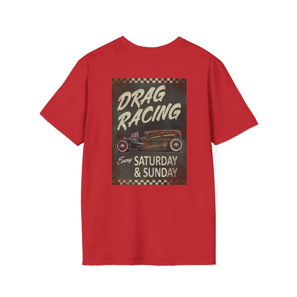 Drag Racing T-Shirt — Vintage Hot Rod Poster "Every Saturday & Sunday"