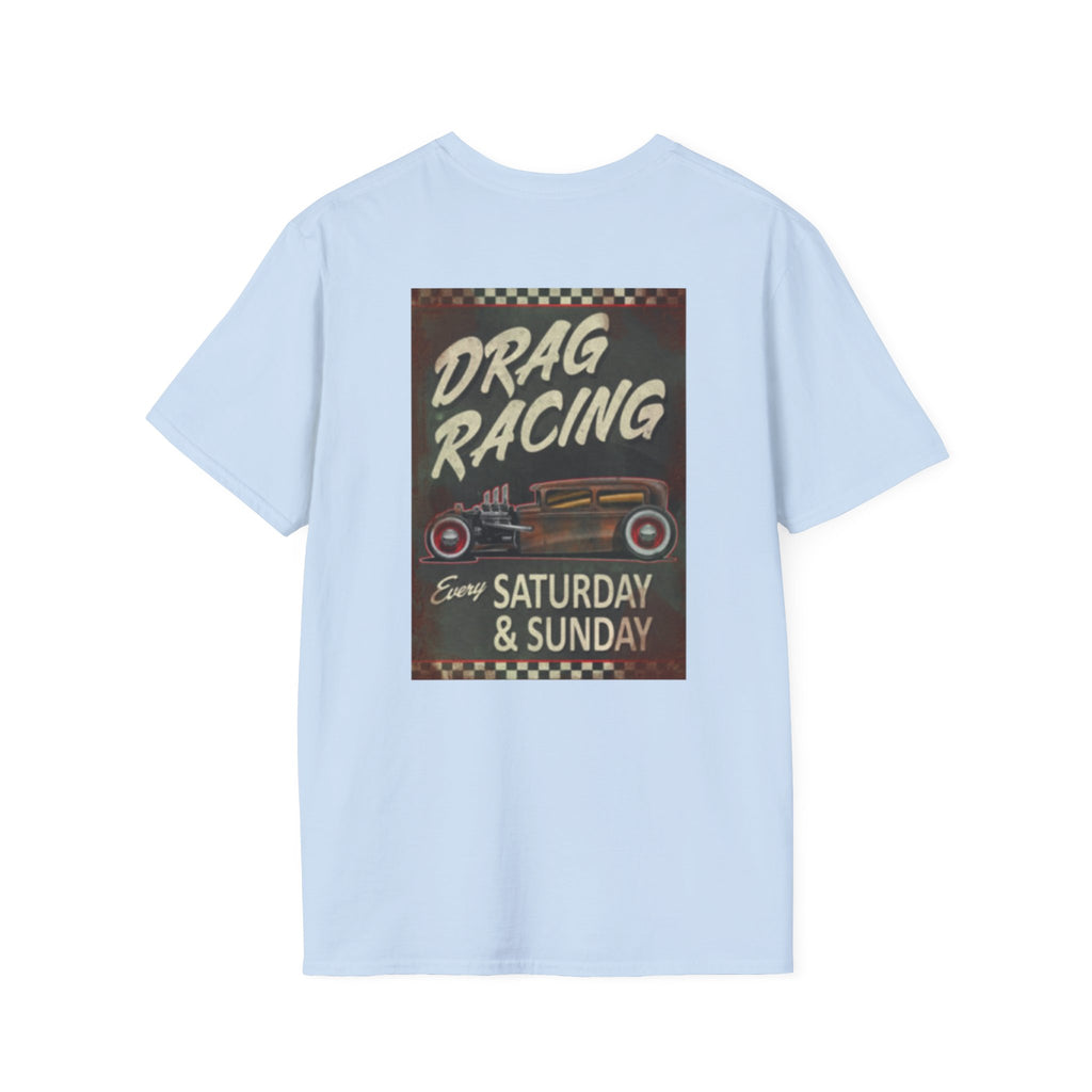 Drag Racing T-Shirt — Vintage Hot Rod Poster "Every Saturday & Sunday"