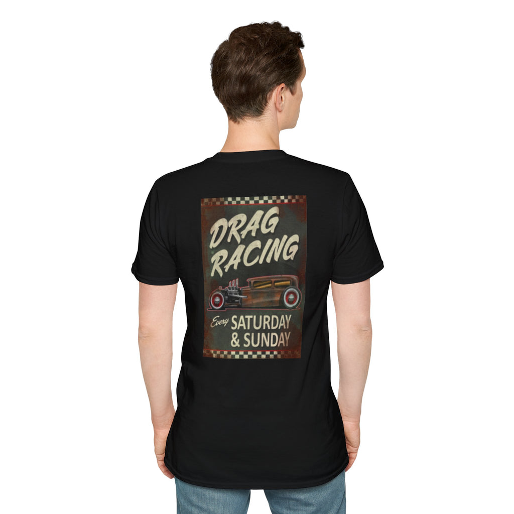 Drag Racing T-Shirt — Vintage Hot Rod Poster "Every Saturday & Sunday"