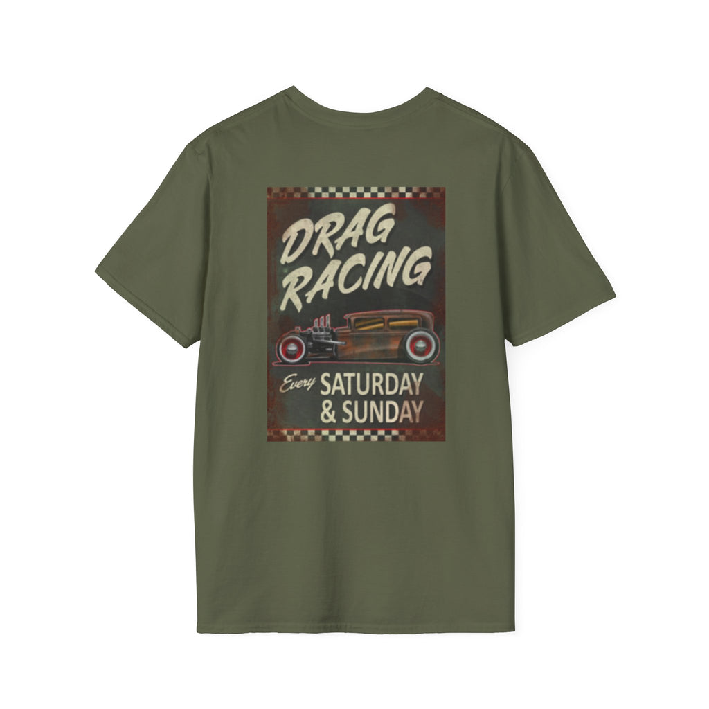 Drag Racing T-Shirt — Vintage Hot Rod Poster "Every Saturday & Sunday"